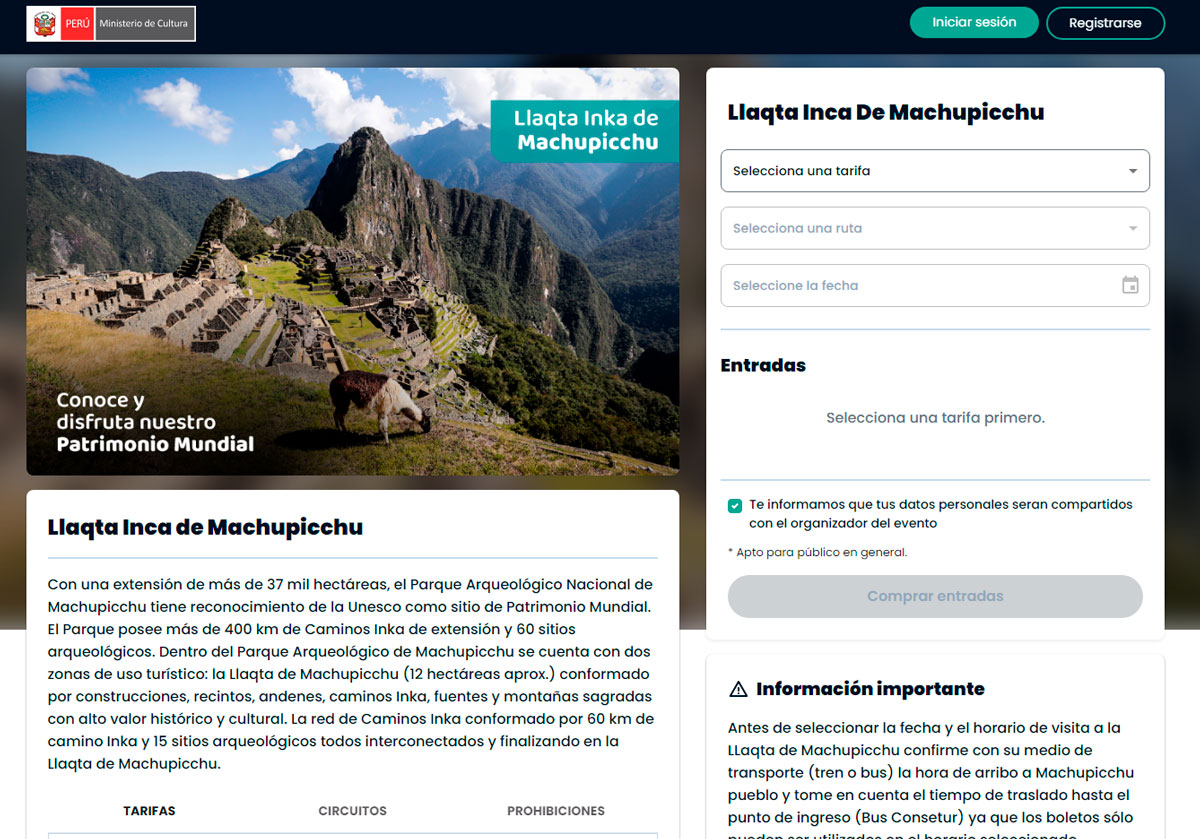 Machu Picchu tickets official website